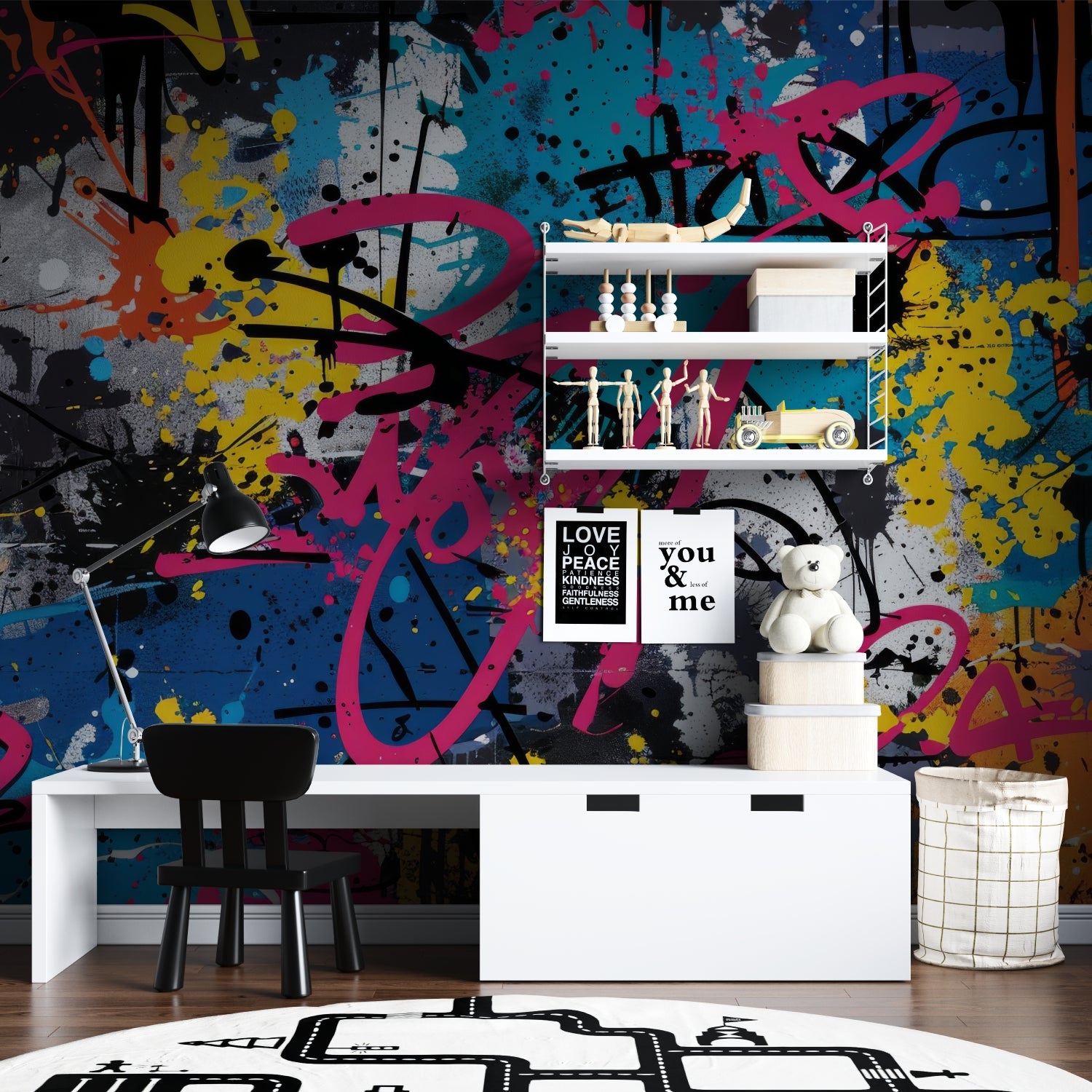 Hummingbird and Monstera leaf mural bringing life to a home office space