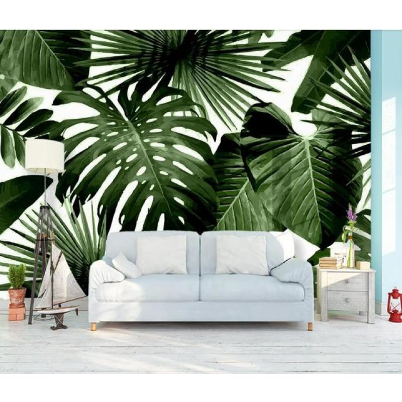 Green monstera wallpaper in contemporary bathroom setting