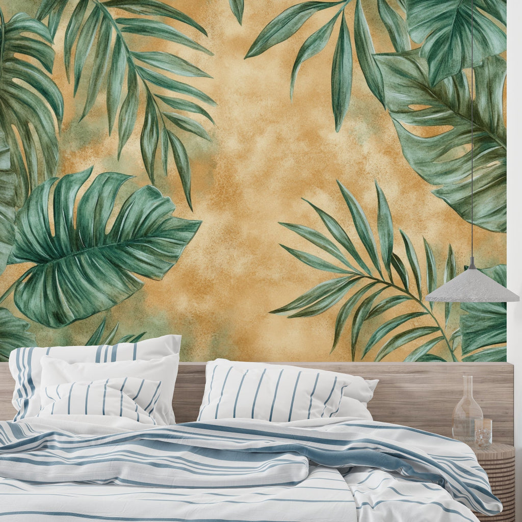 Tropical leaf wallpaper creating a stunning backdrop in a modern living room with natural light