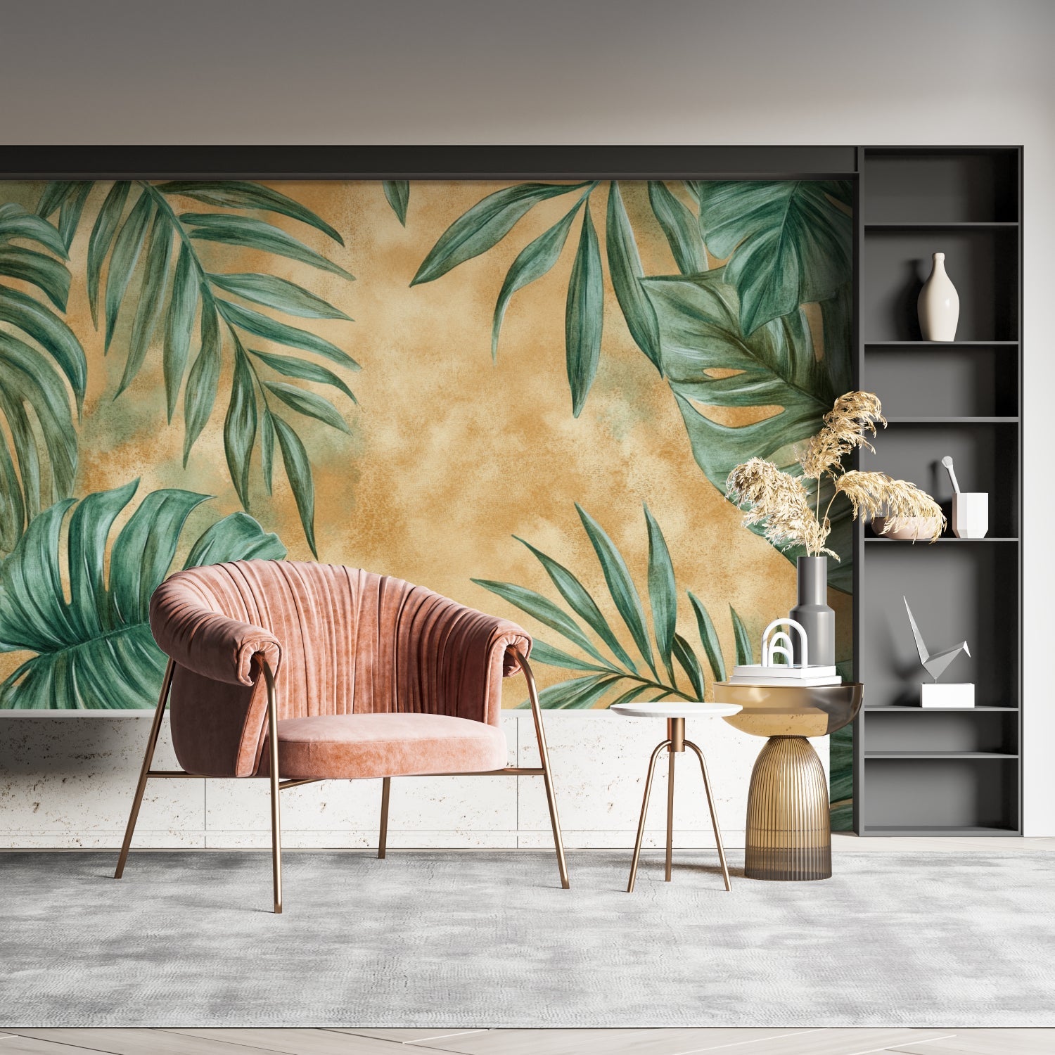 Botanical wall mural adding depth to a dining room with golden hour lighting