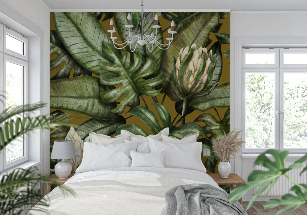 Golden Monstera wall mural creating depth in minimalist bedroom setting