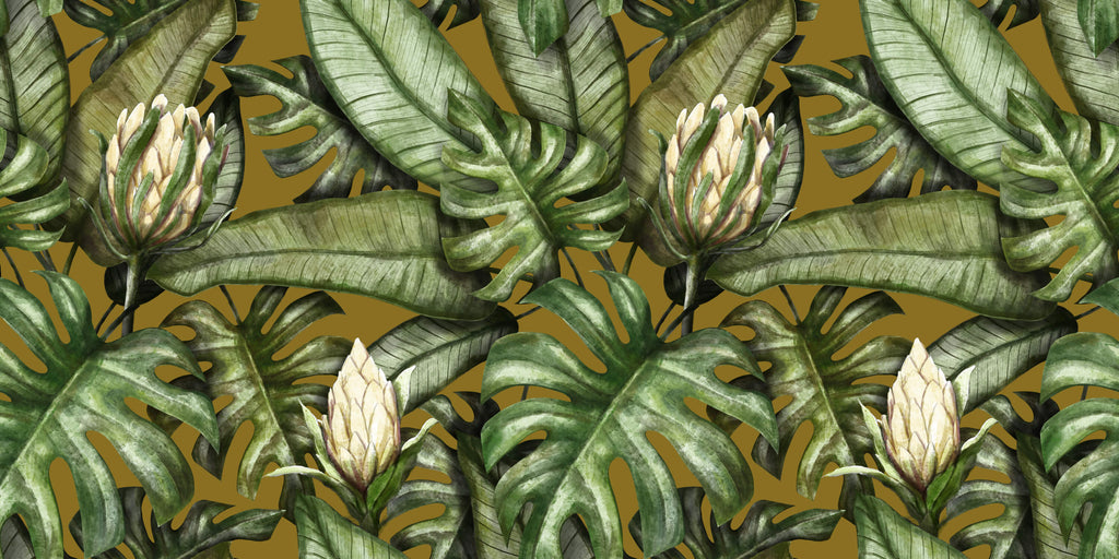 Design file showing detailed Monstera leaves pattern on golden background
