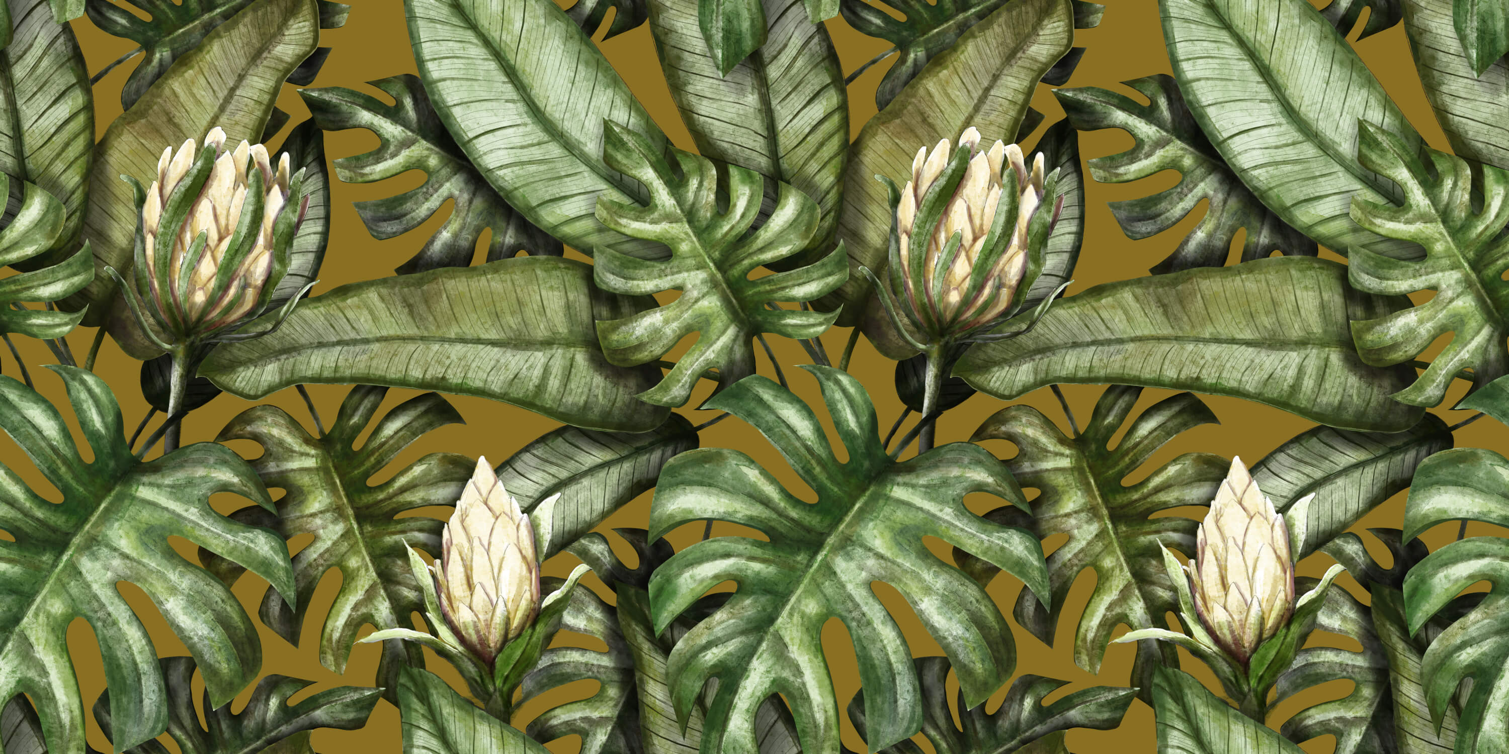 Design file showing detailed Monstera leaves pattern on golden background