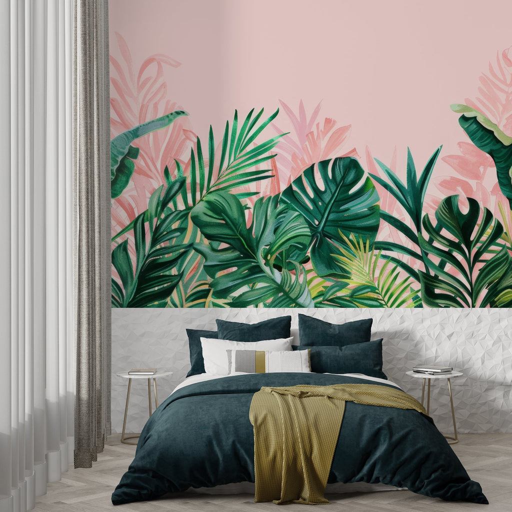 Botanical wall mural featuring Monstera leaves in home office setting
