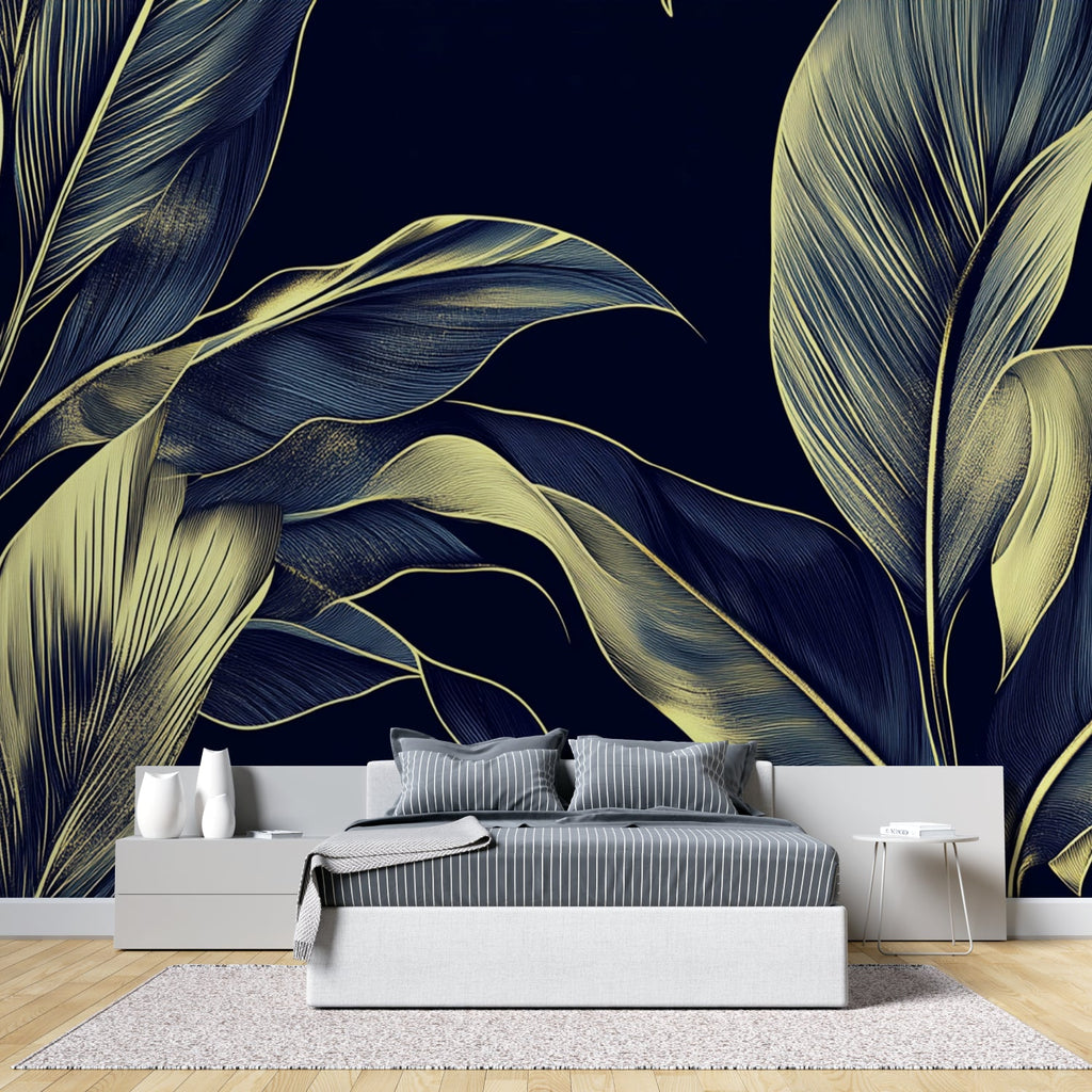 Navy blue and gold tropical wallpaper featured in a home office