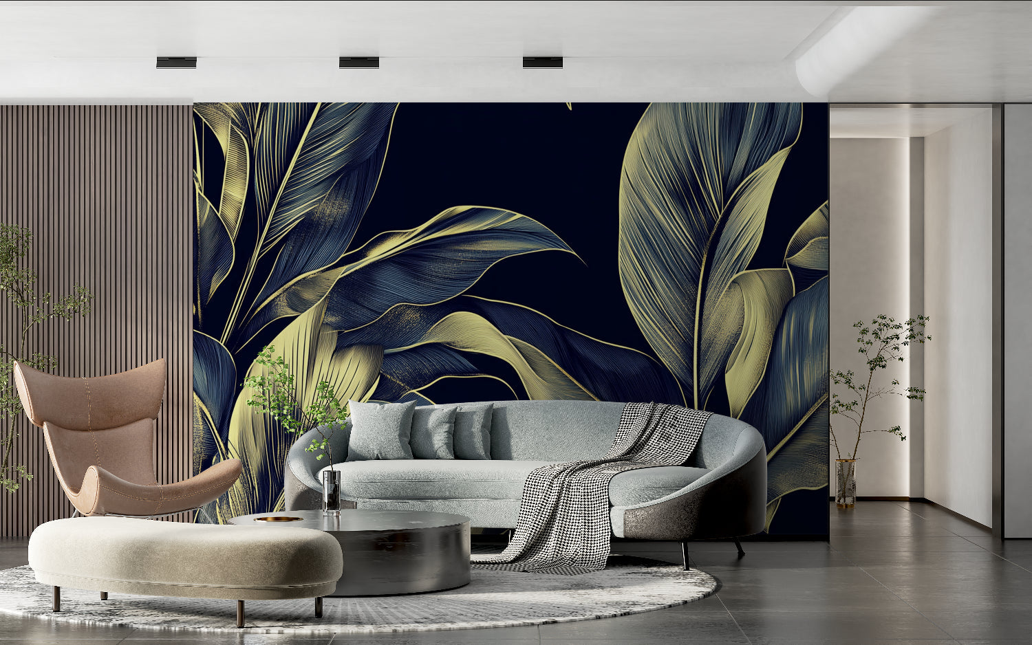 Palm leaf mural making a statement in an entryway