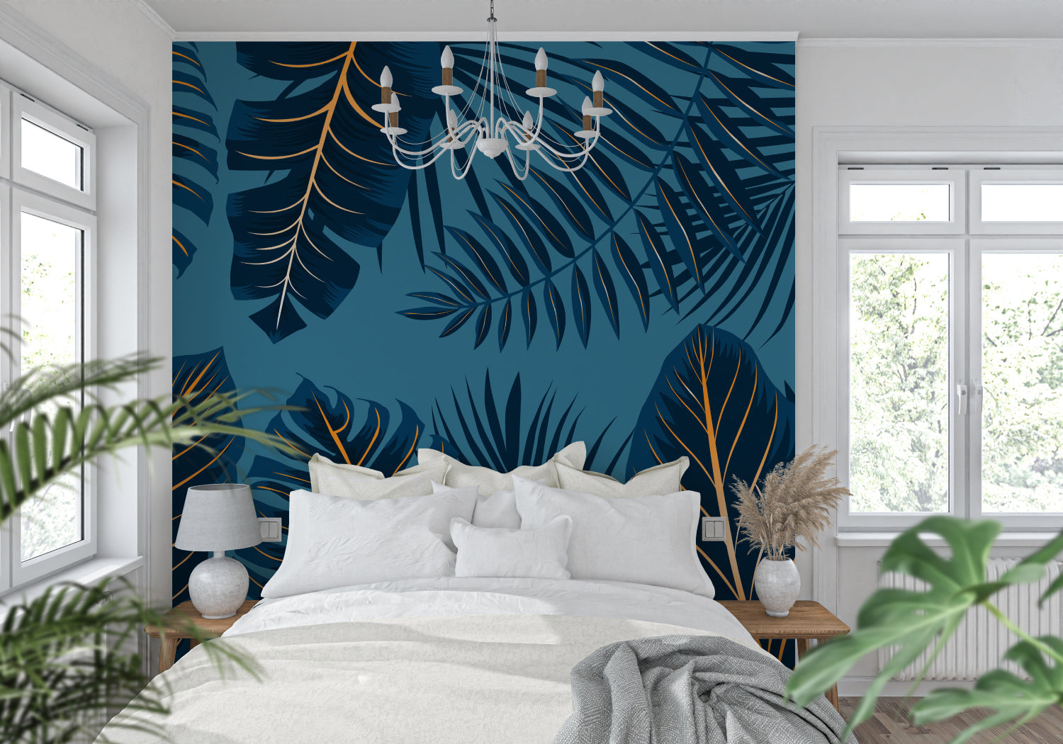 Home office space with botanical navy and gold wallpaper creating a sophisticated atmosphere