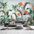 Tropical palm and Bird of Paradise wallpaper in modern living room with natural light