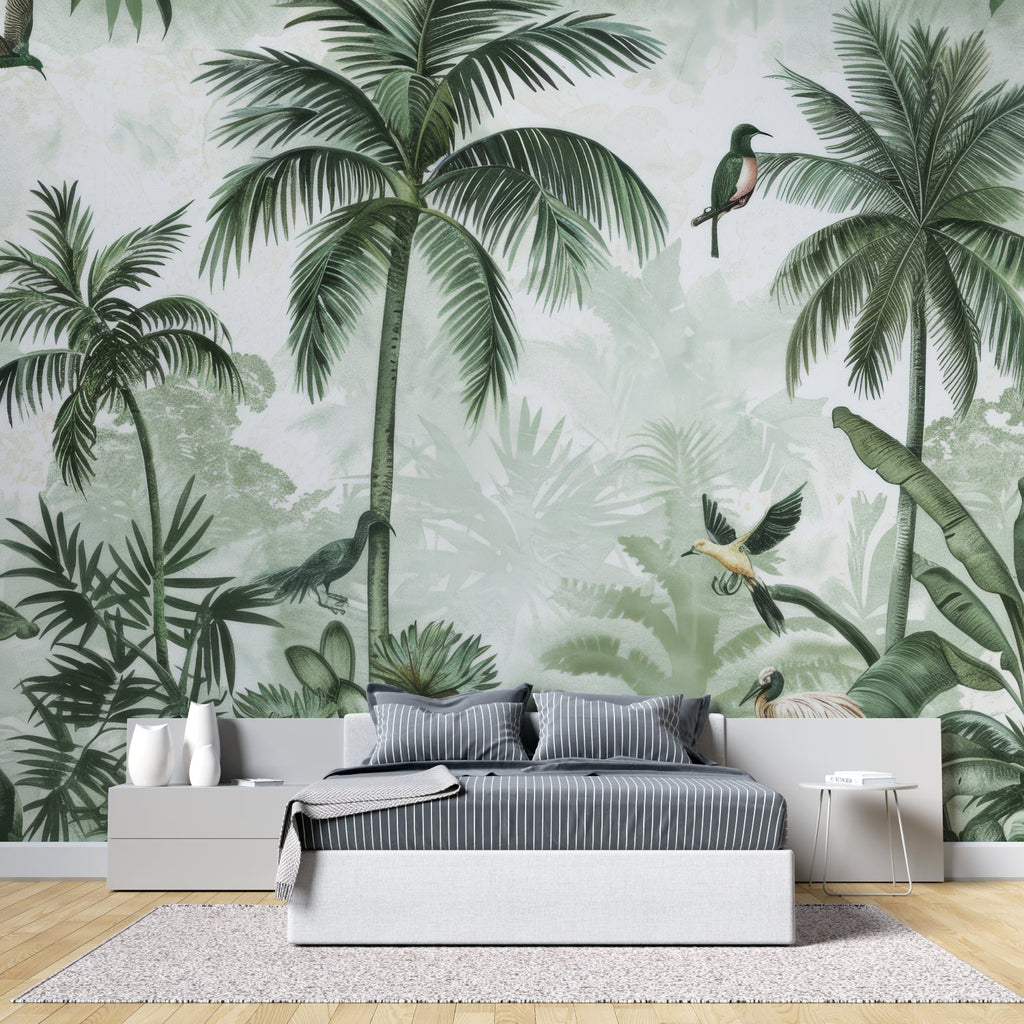 Birds and palm leaves mural adding depth to a home office space