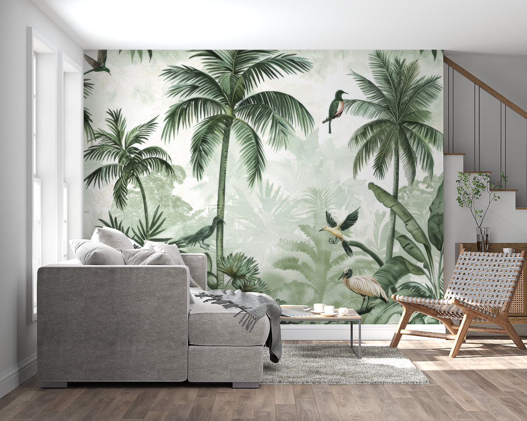 Paradise wallpaper creating an exotic atmosphere in an entrance hall
