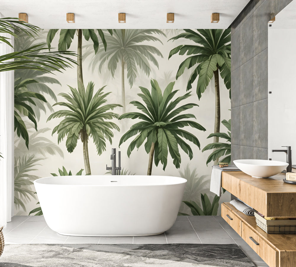 Tropical palm tree wallpaper in modern living room with cream sofa and natural light