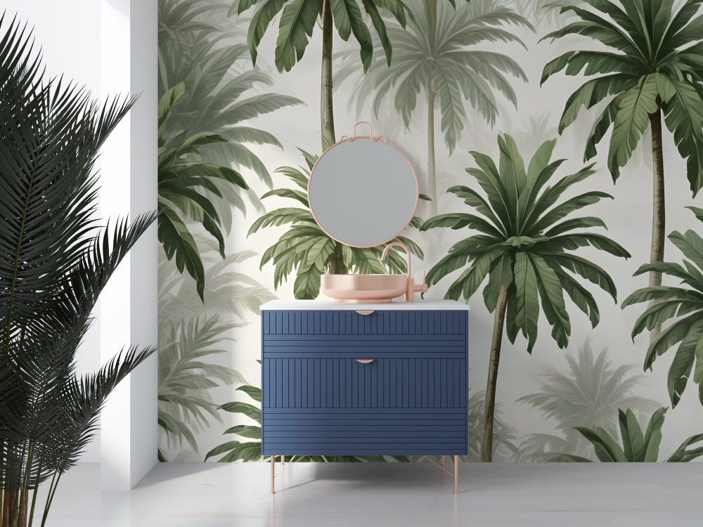 Palm tree wall mural featured in master bedroom with minimal decor