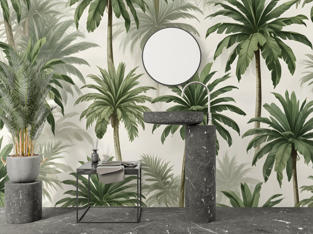 Botanical wallpaper with palm trees in home office setting