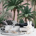 Tropical palm wallpaper creating a stunning backdrop in a modern living room with pink accents