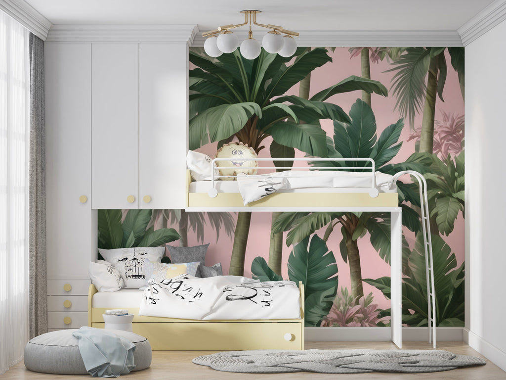 Palm tree wallpaper making a bold statement in a stylish home office