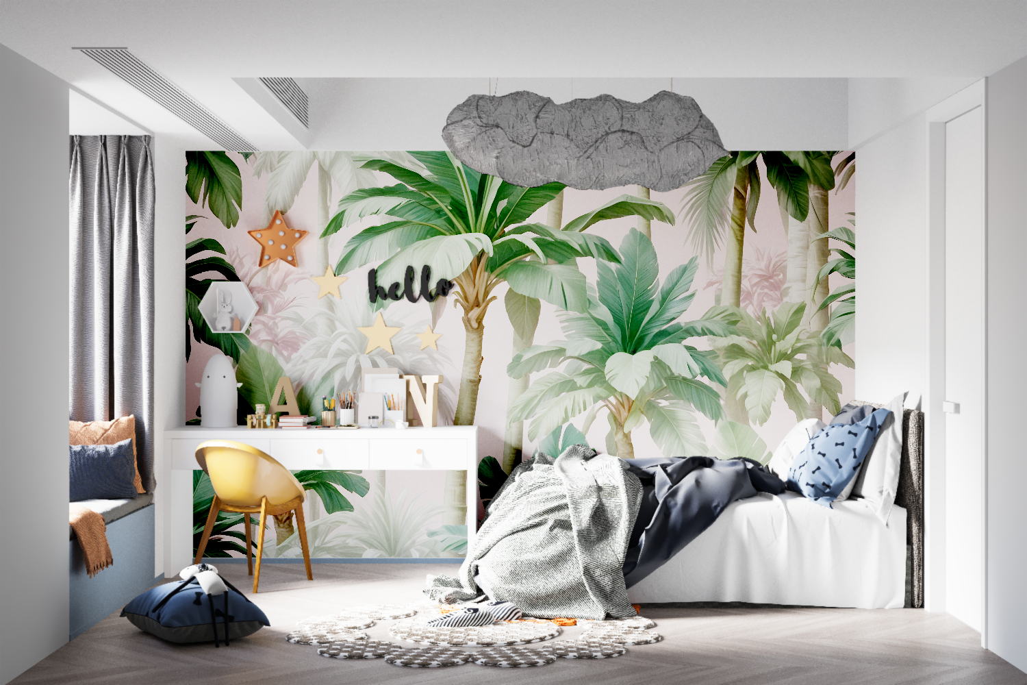 Tropical wall mural bringing summer vibes to a dining room space
