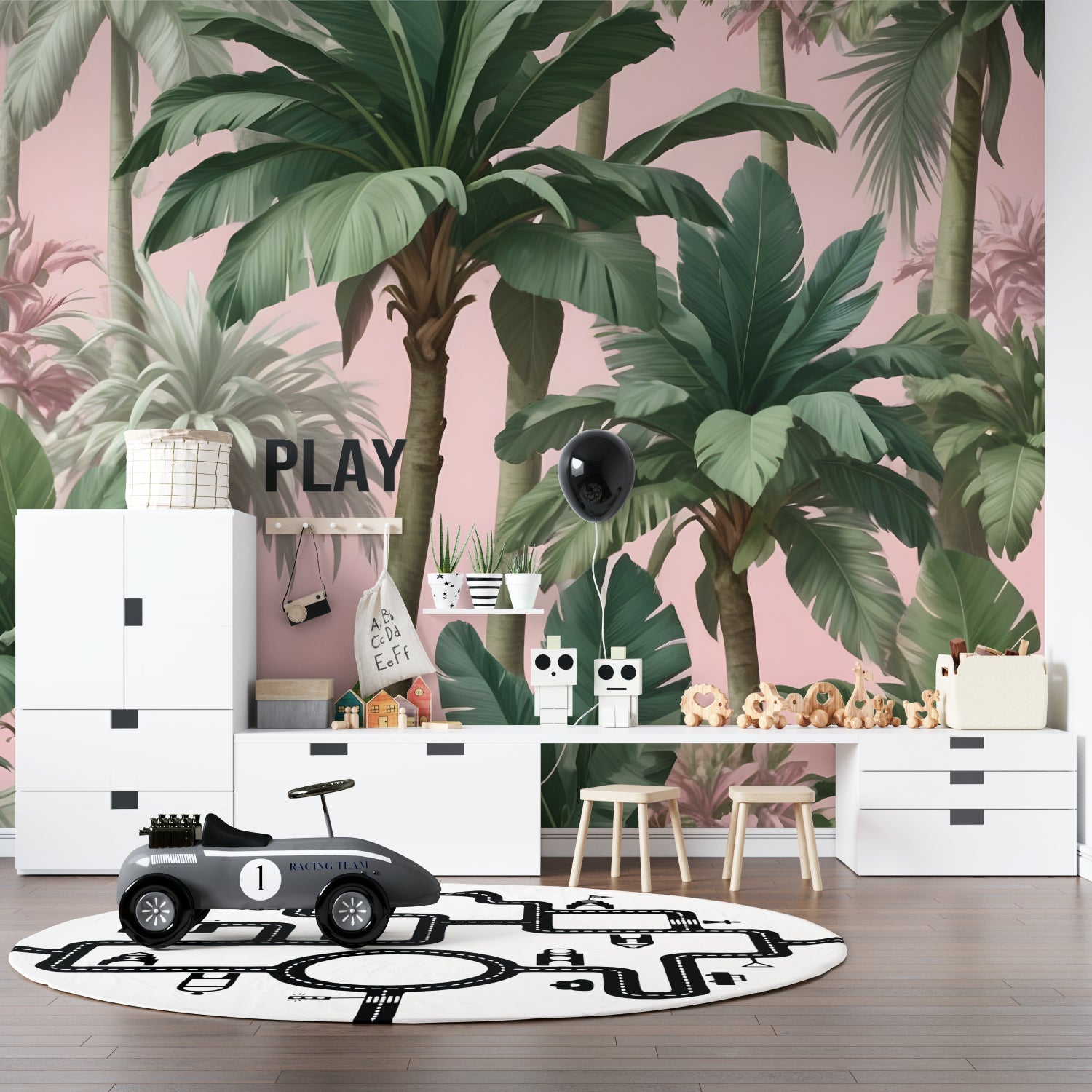 Pink tropical wallpaper creating an Instagram-worthy accent wall