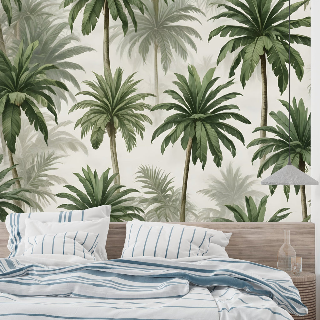 Tropical palm wallpaper making a statement in a bright home office with wooden desk