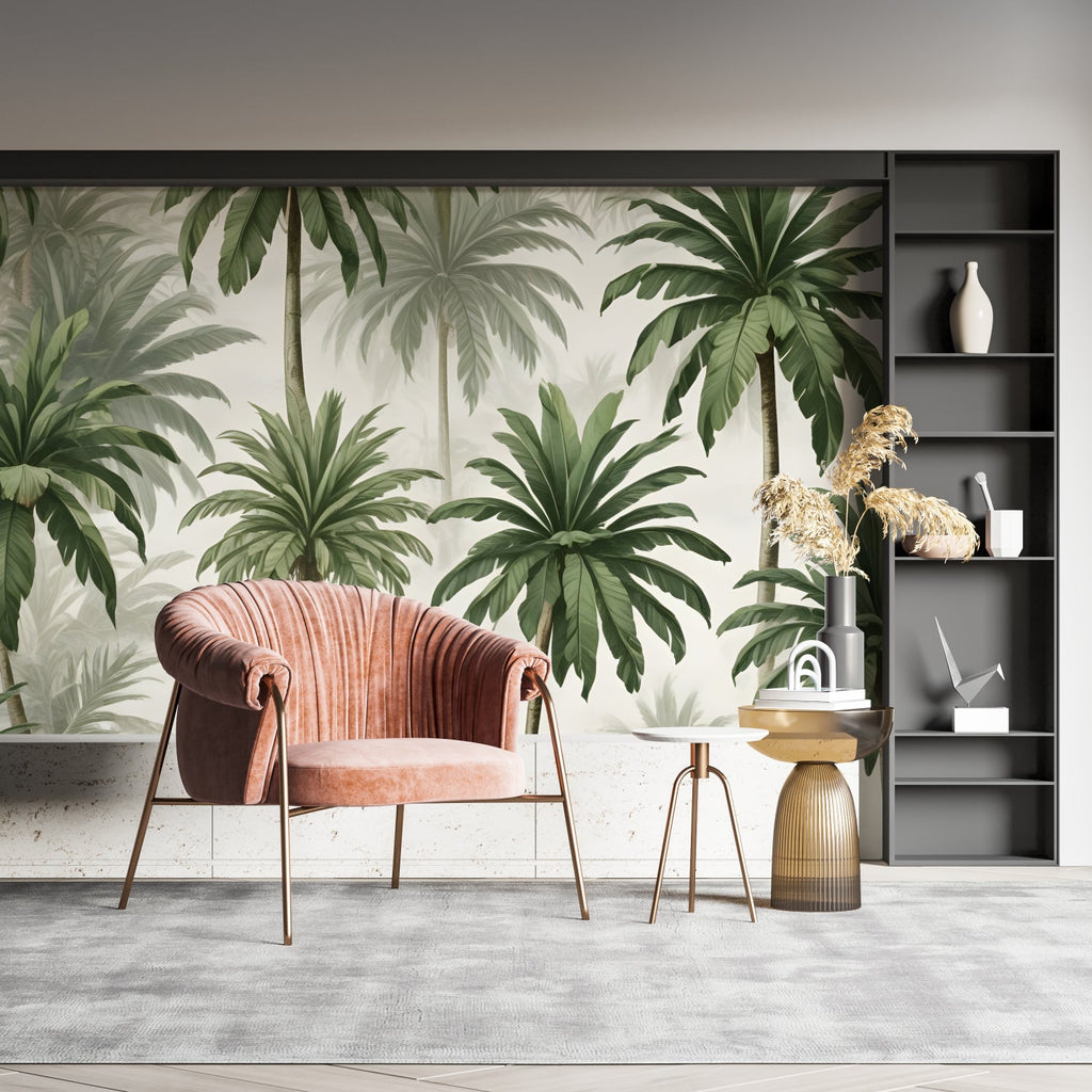 Palm tree mural wallpaper adding fresh energy to a contemporary bathroom design