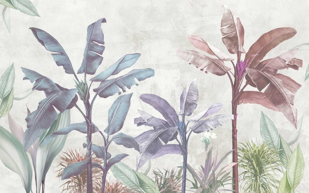 Design file showing detailed pastel banana leaves pattern with soft color transitions and botanical elements