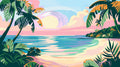 Tropical beach wallpaper in modern living room showing soft pastel colors and palm trees