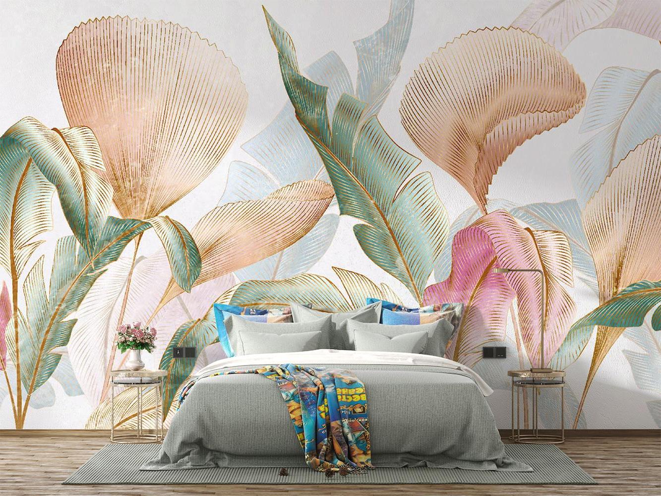 Tropical palm leaves wallpaper with gold accents creating a peaceful atmosphere in a modern living room