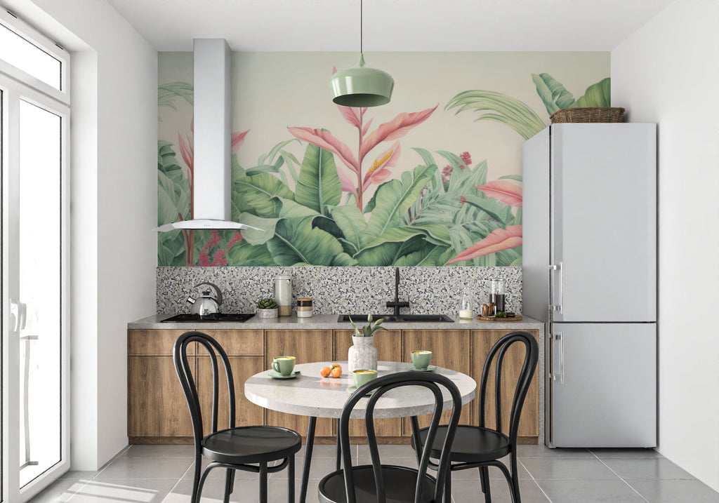 Pink and green tropical wallpaper creating calm atmosphere in master bedroom