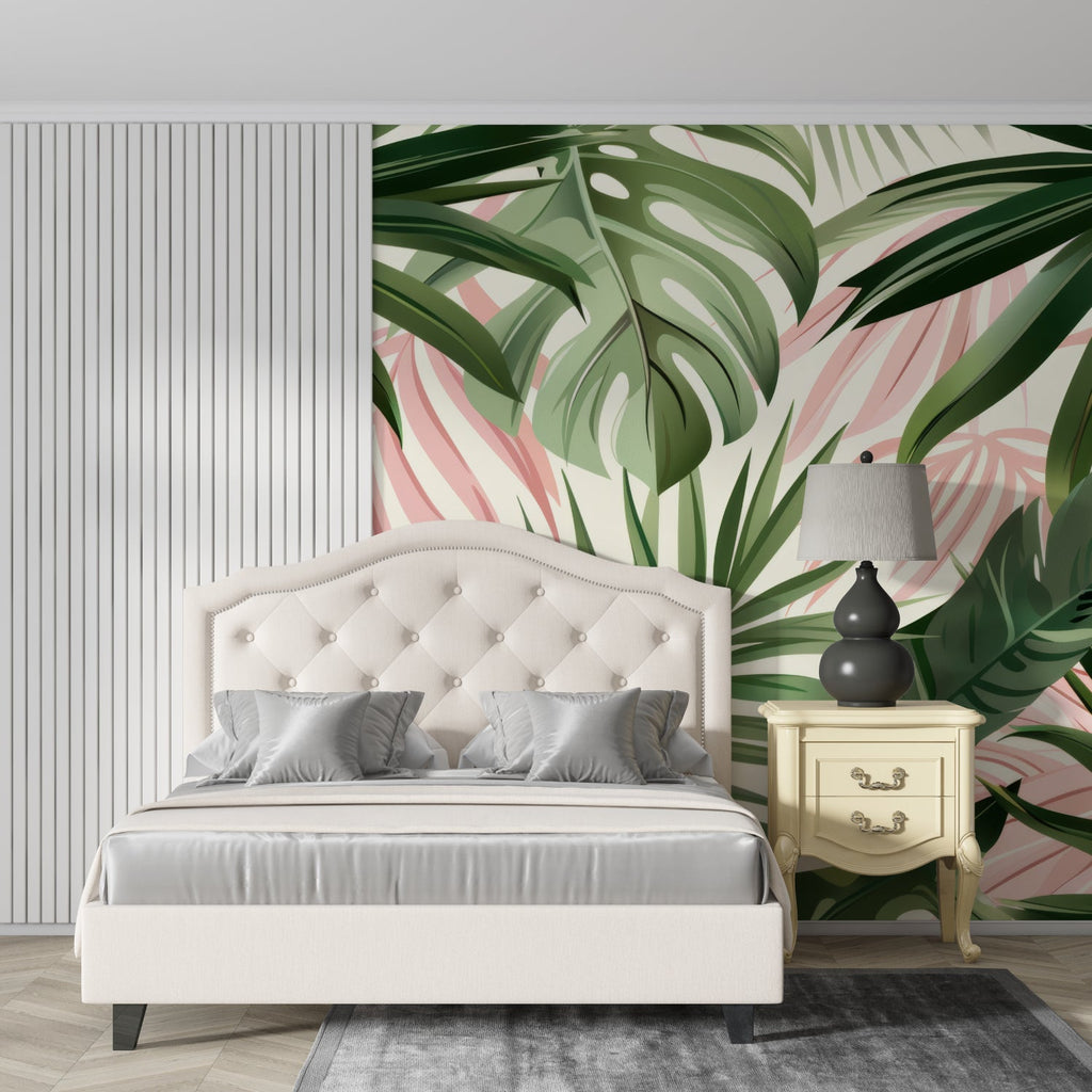 Tropical leaf wallpaper with pink and green monstera leaves in modern living room setting