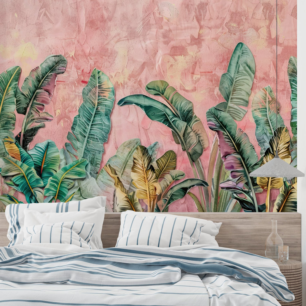 Botanical wall mural showcased in bright home office with minimal furniture