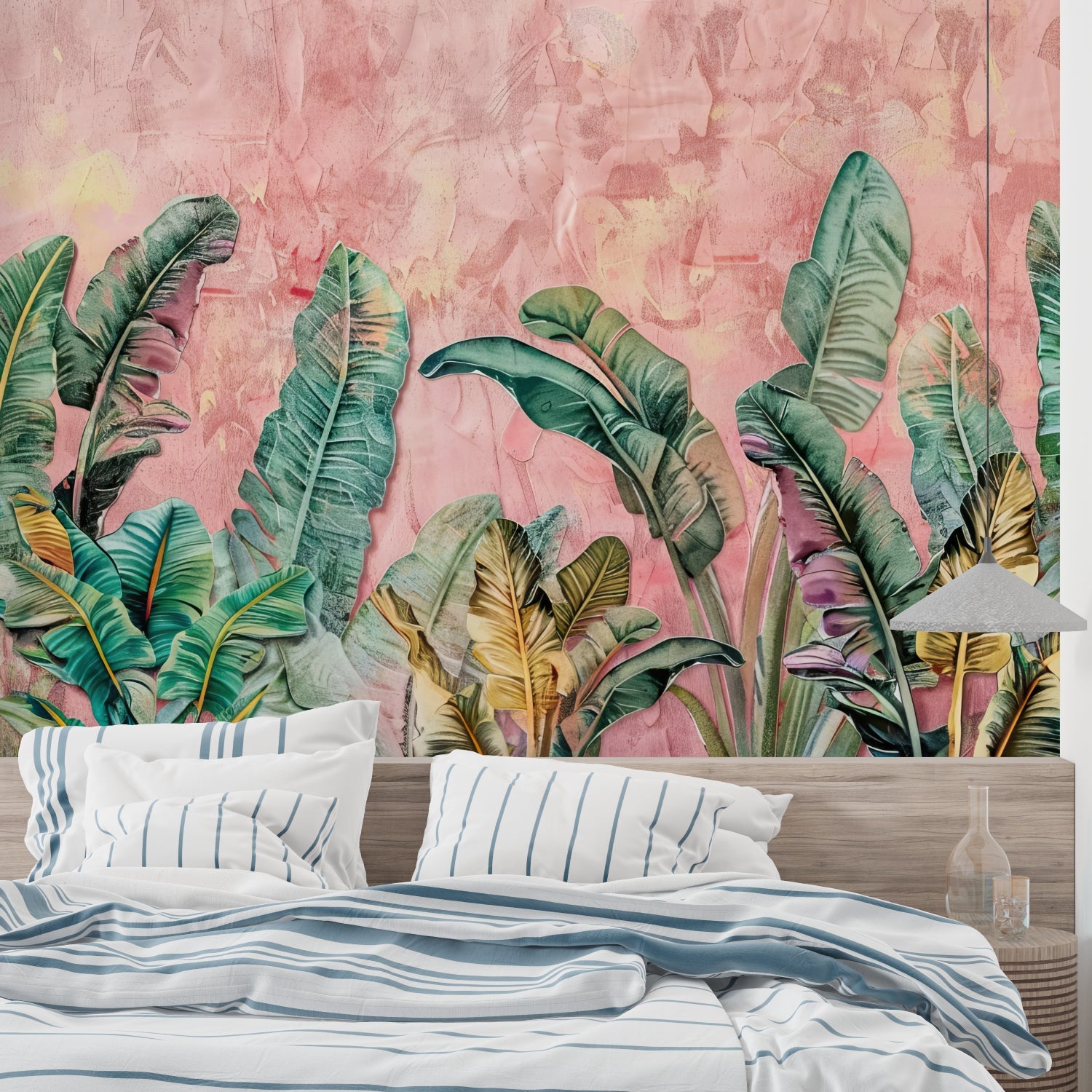 Botanical wall mural showcased in bright home office with minimal furniture