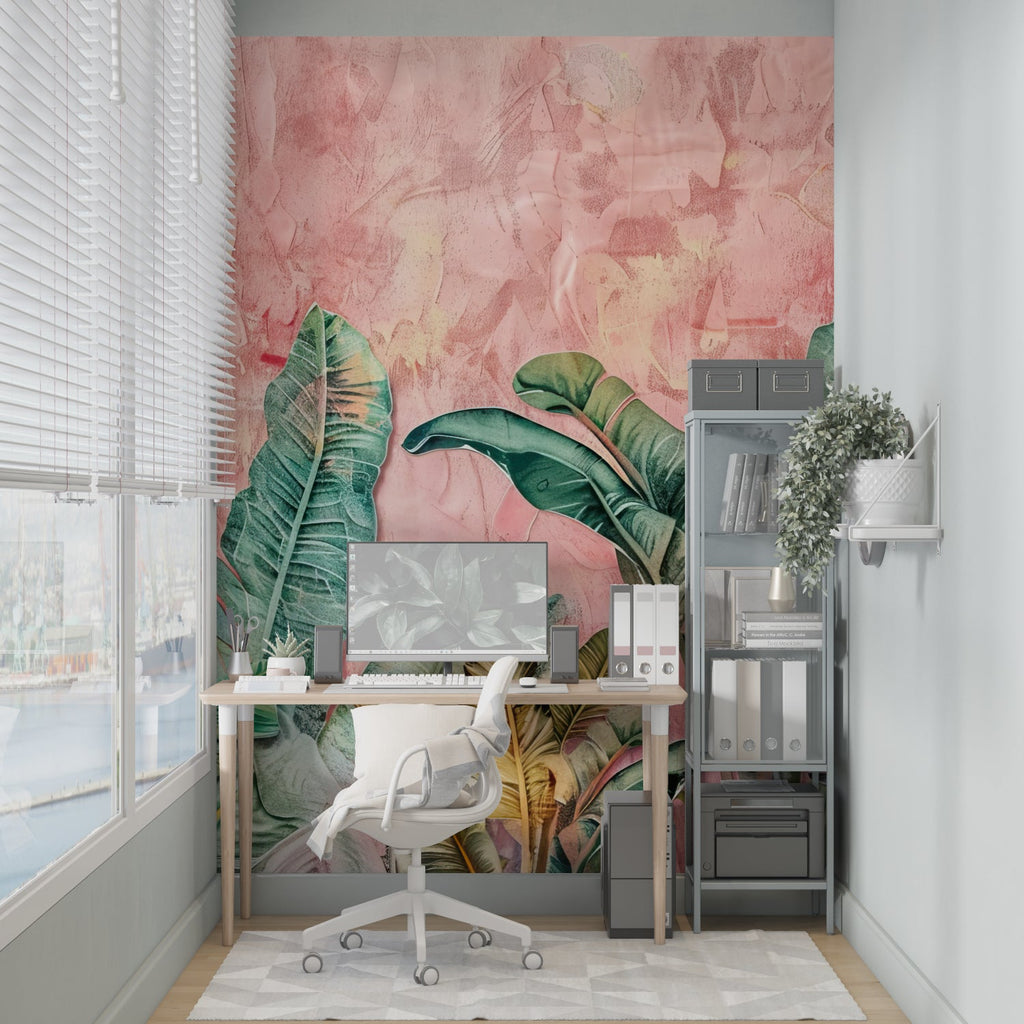 Tropical wallpaper installation in contemporary hallway showing scale of design