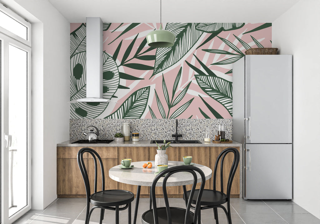 Pink and green tropical wallpaper creating a calm atmosphere in a bright bedroom