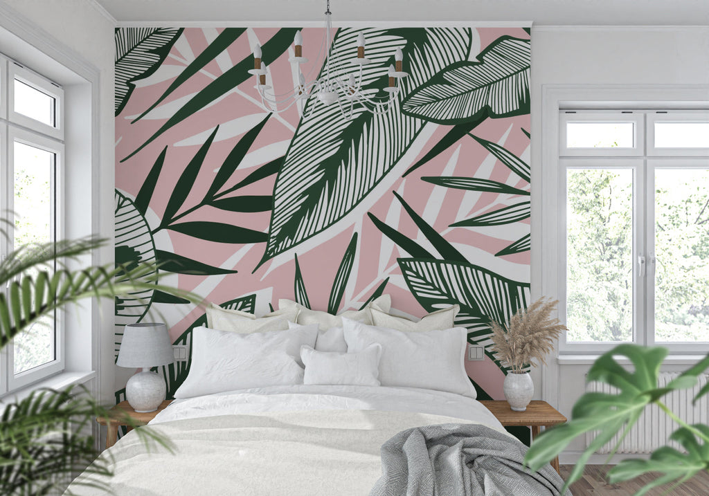 Pink tropical wallpaper bringing warmth to an entrance hall with palm leaf design