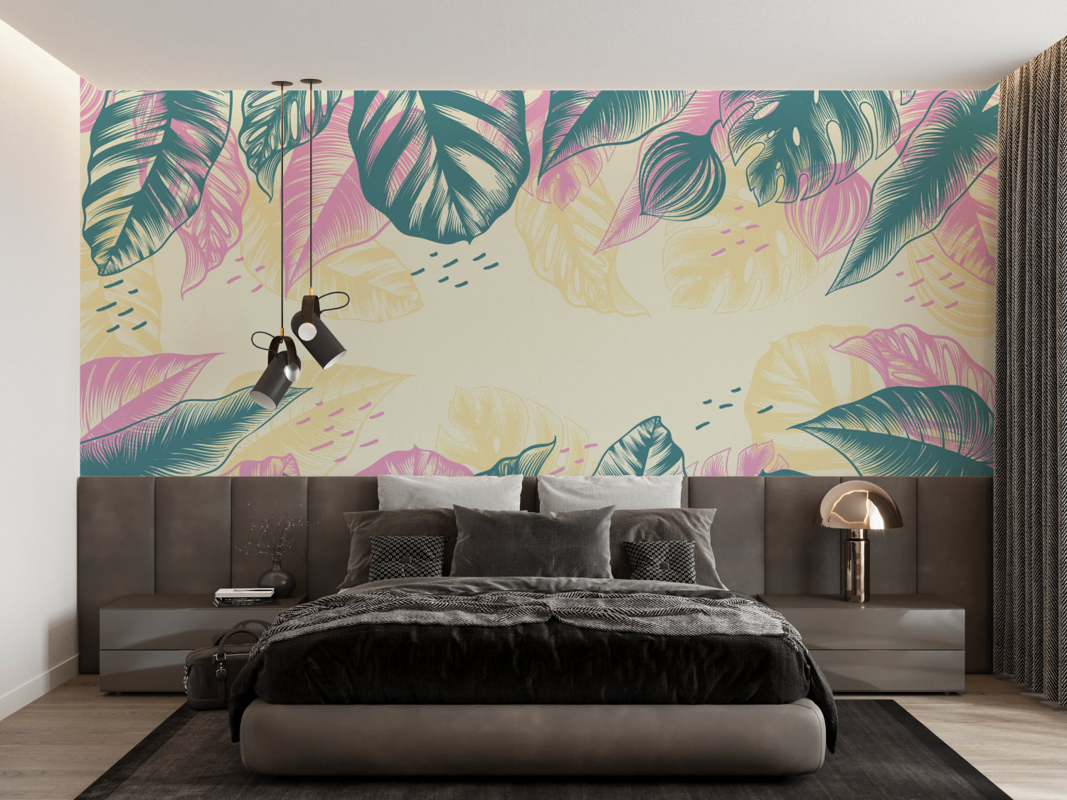 Pink monstera leaf pattern creating depth in a modern hallway