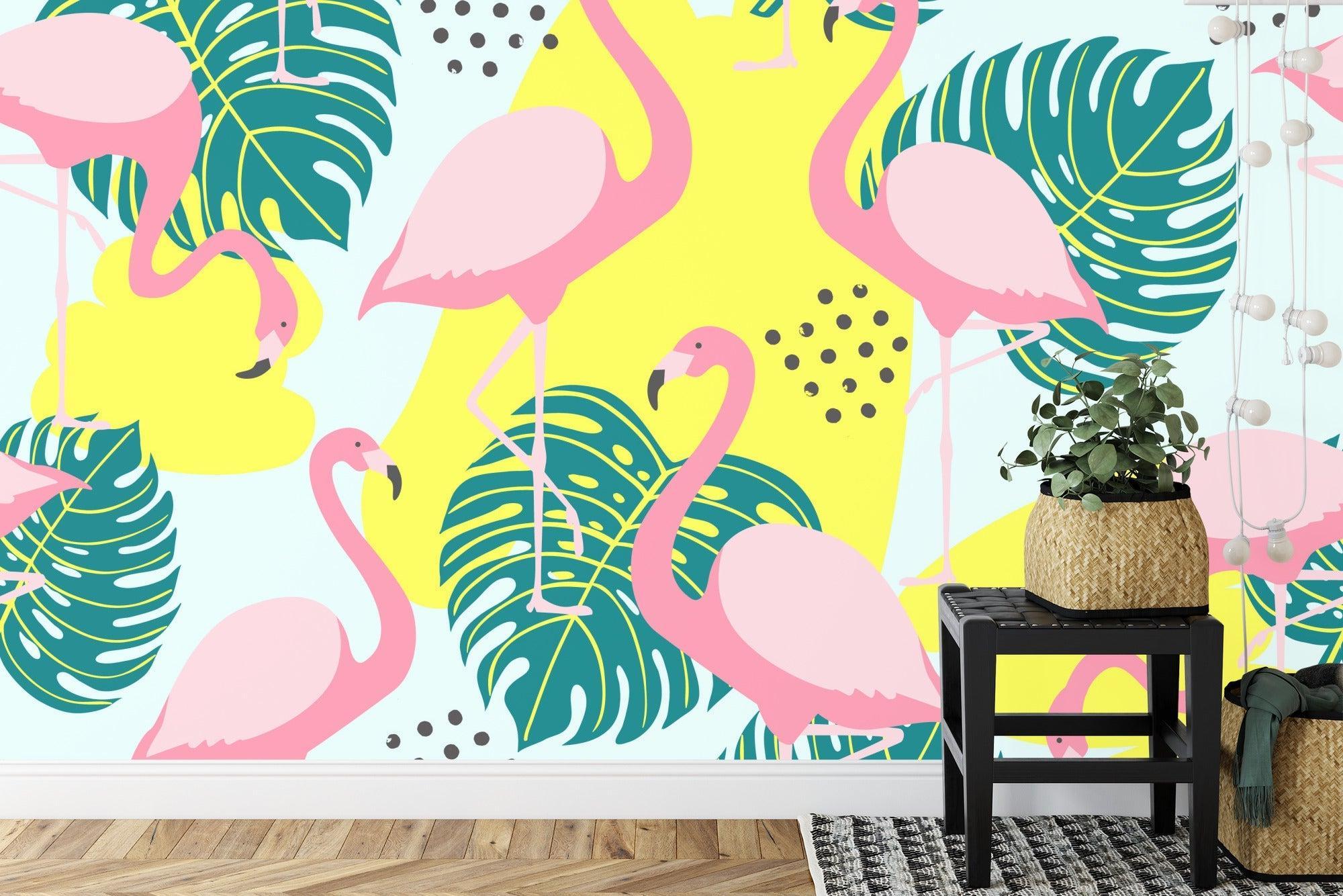 Tropical Flamingo Wallpaper creating a fresh vibe in a modern living room with white furniture