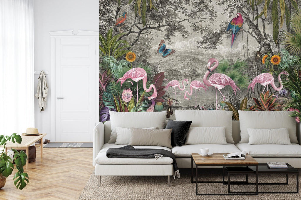 Tropical paradise wallpaper brightening up bedroom space with natural light