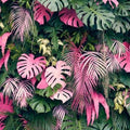 Pink Monstera wallpaper creating a tropical paradise in a bright modern living room with natural light streaming through windows