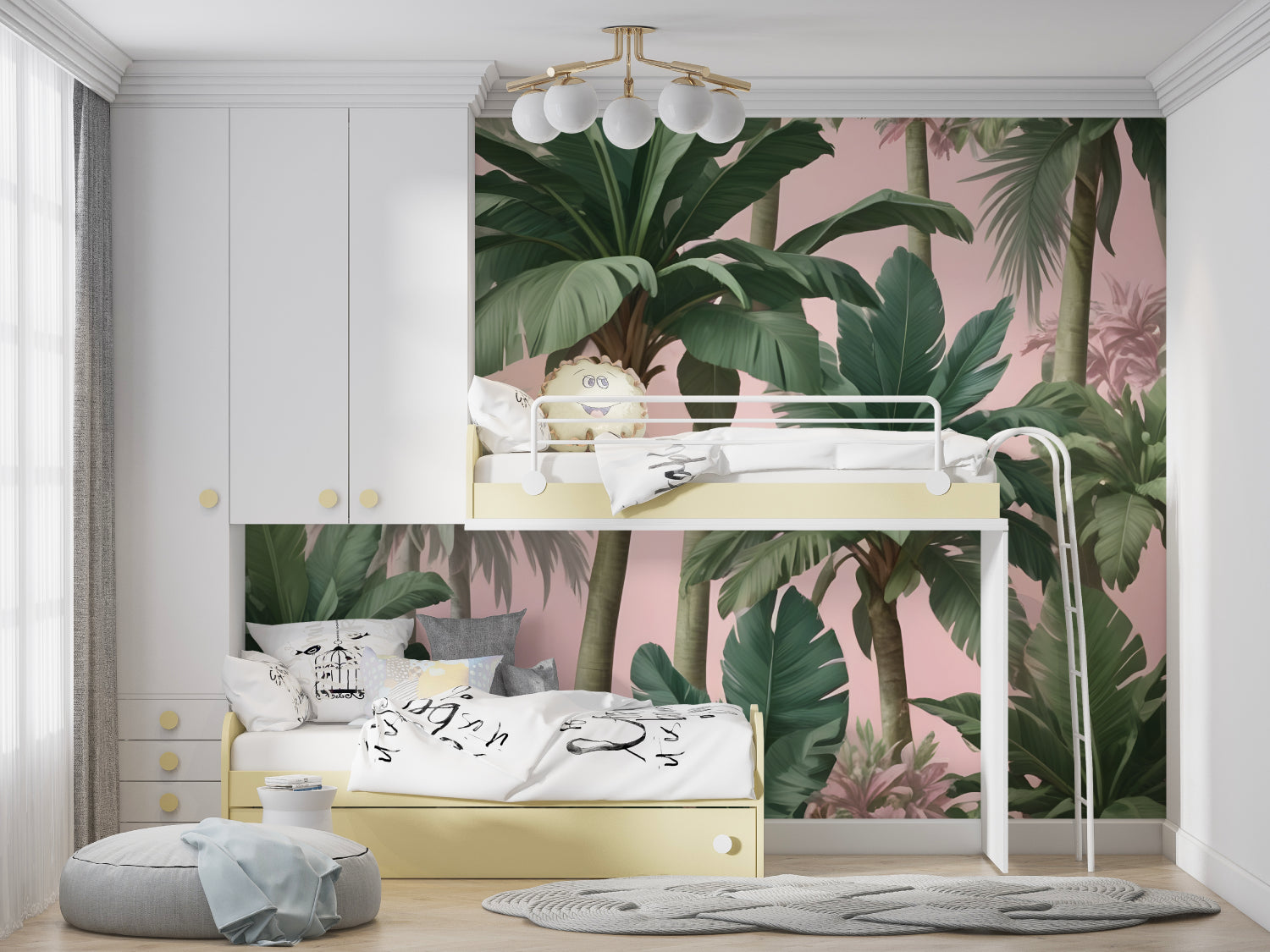 Tropical palm leaf wallpaper in modern living room showing pink and green color harmony