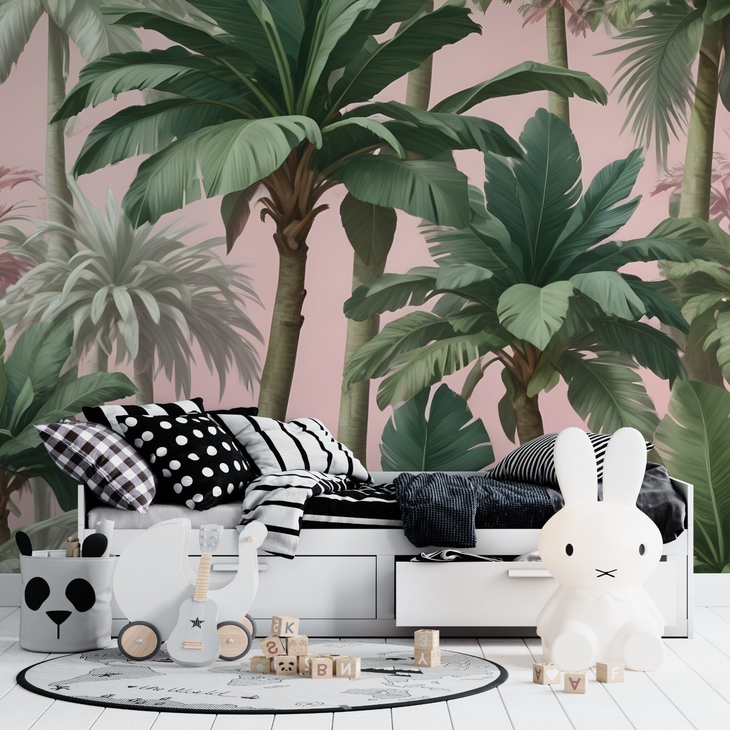 Tropical palm wallpaper showcased in dining room with natural lighting