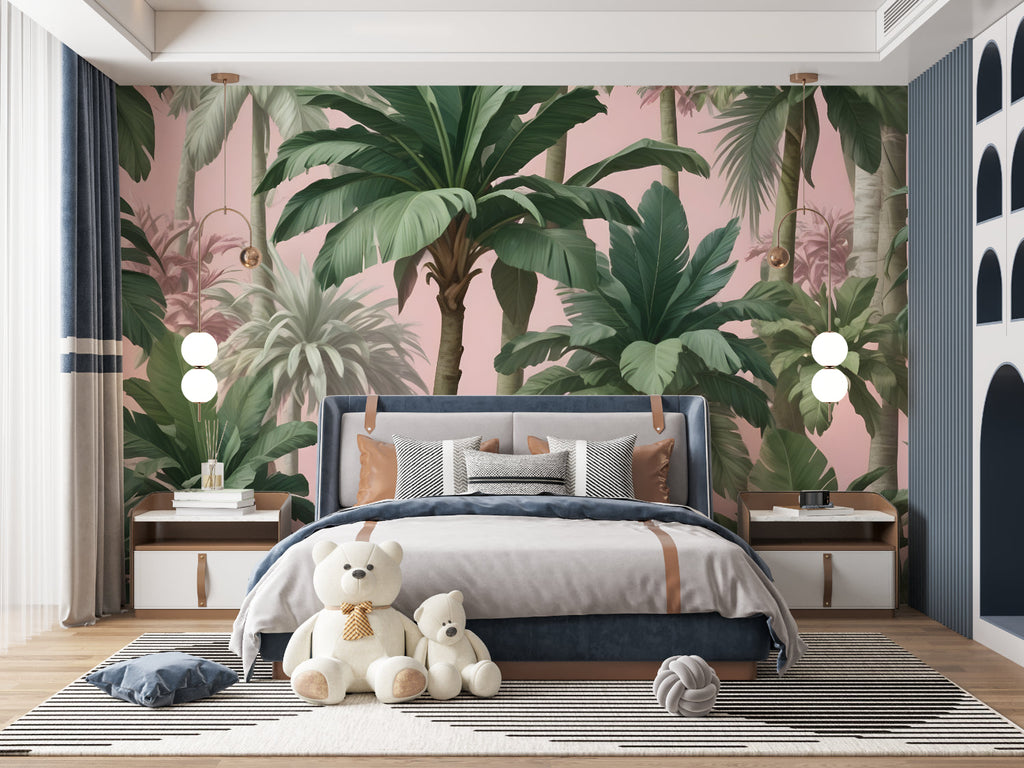 Pink palm leaf mural creating statement wall in restaurant setting