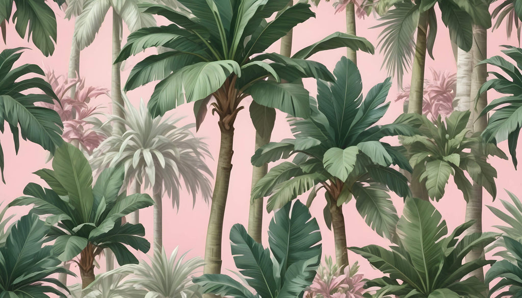 Design file of pink palm leaves wallpaper showing intricate botanical pattern