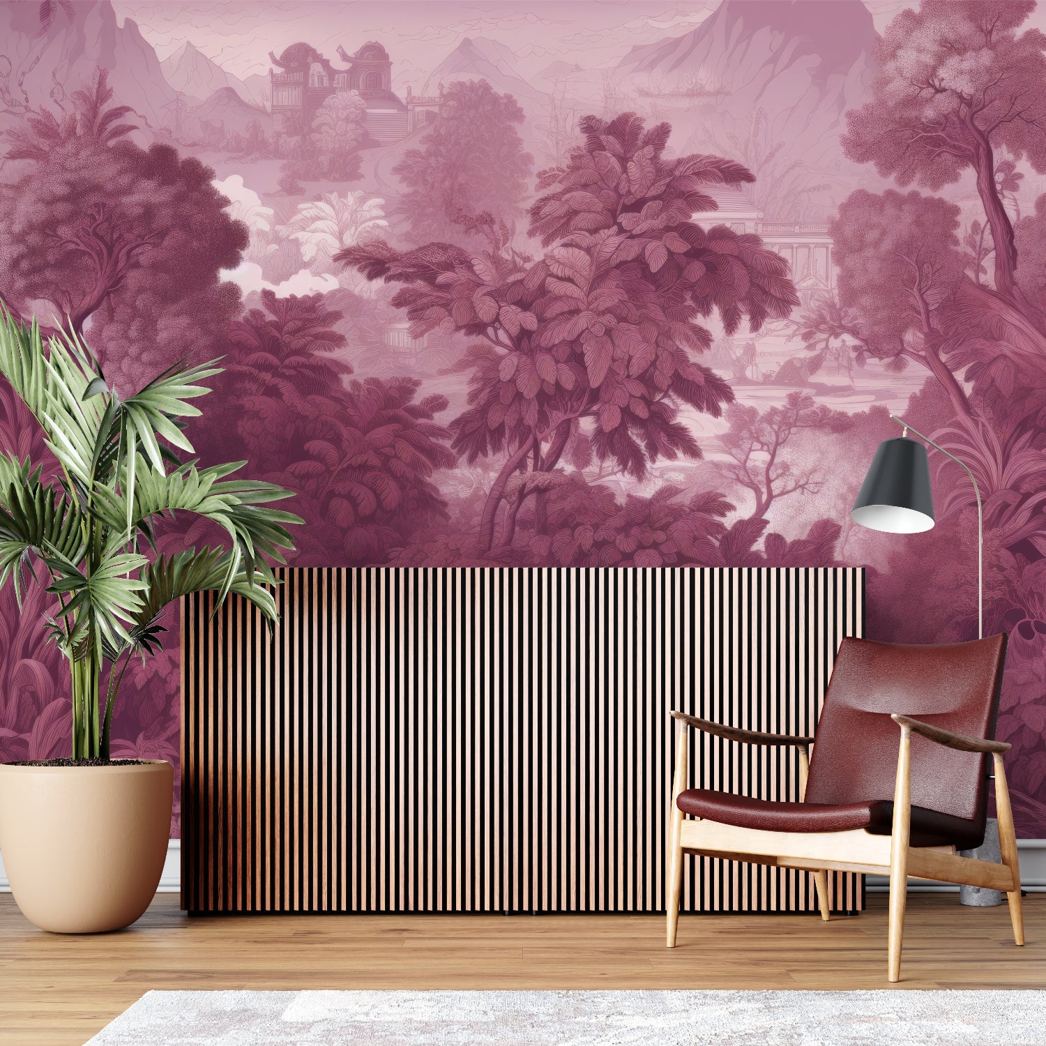 Pink paradise tropical mural adding depth to dining room walls