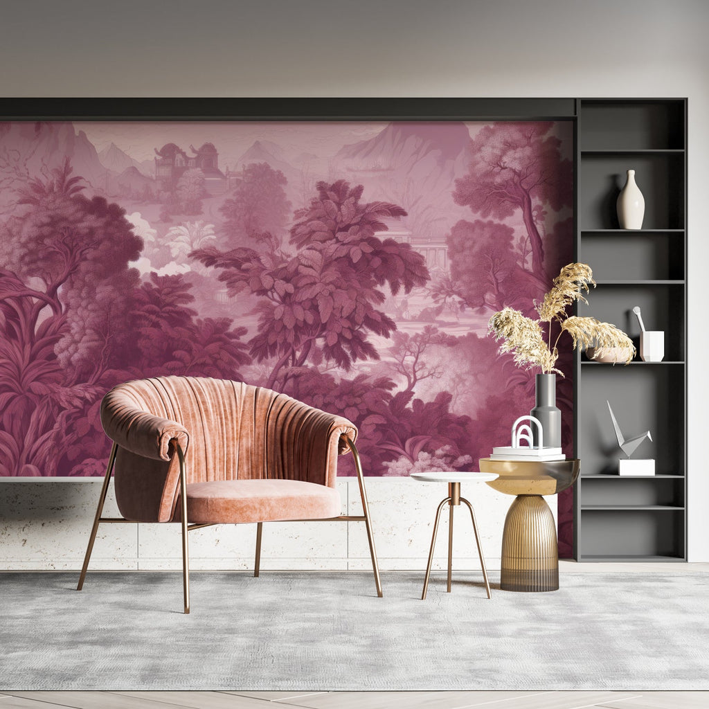 Tropical landscape wallpaper creating stunning accent wall in boutique space