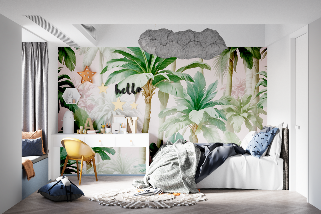 Tropical paradise wallpaper in boutique shop entrance