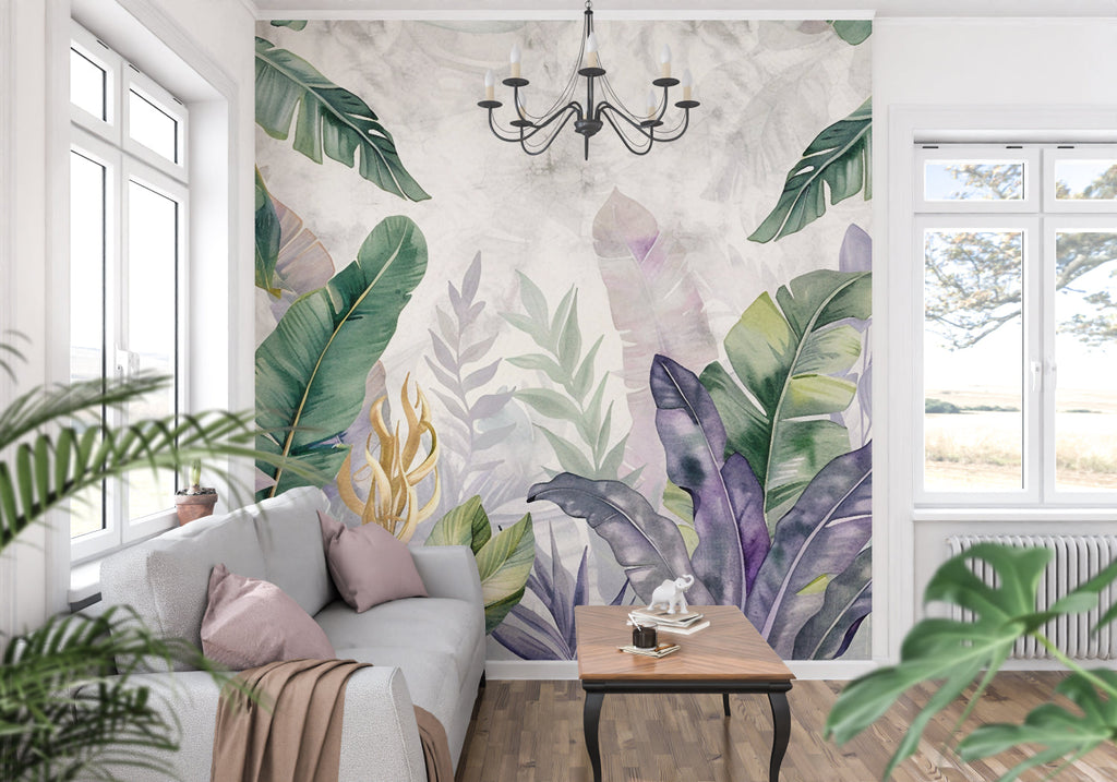 Purple botanical wallpaper creating impact in an entrance hall