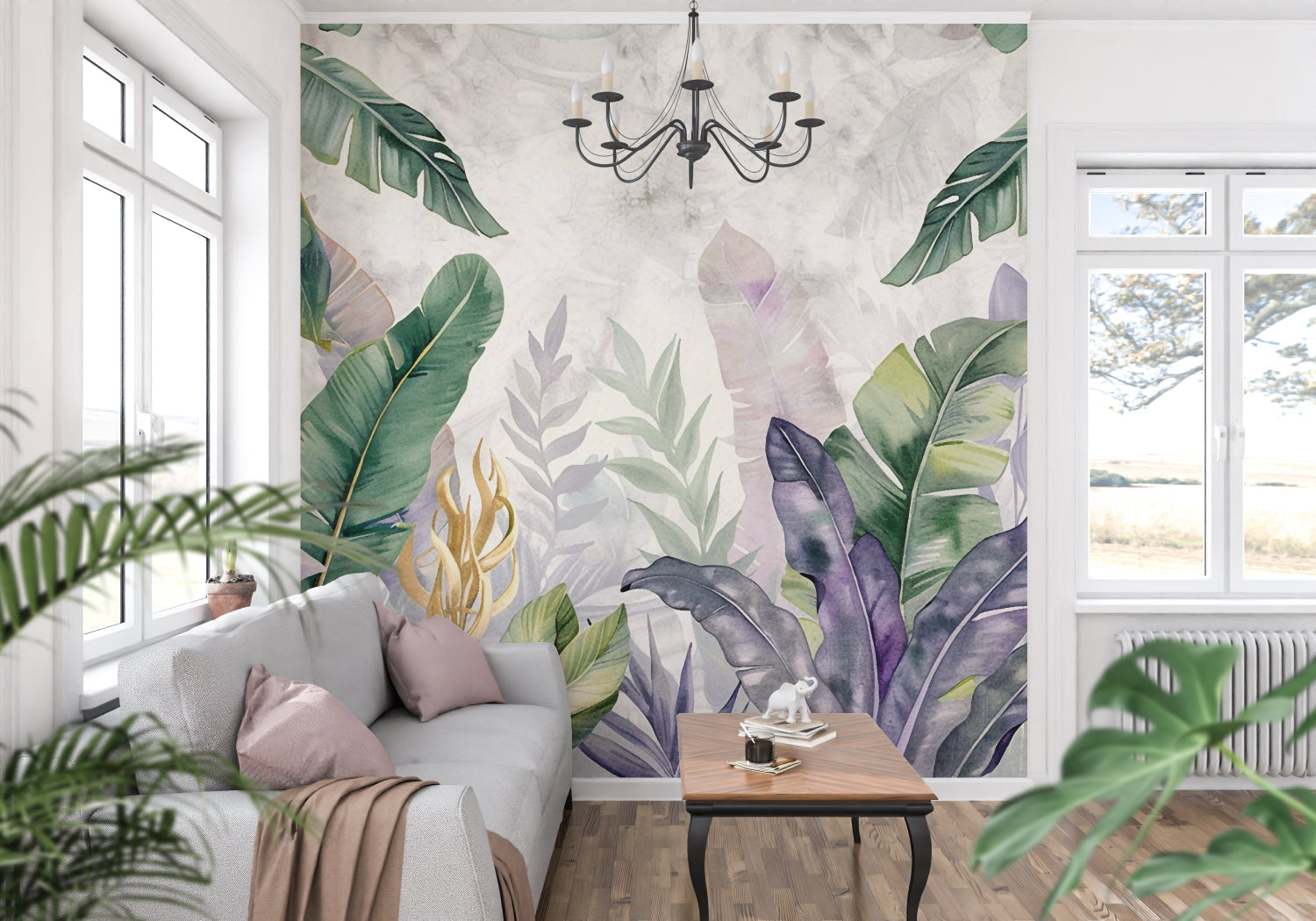 Purple botanical wallpaper creating impact in an entrance hall