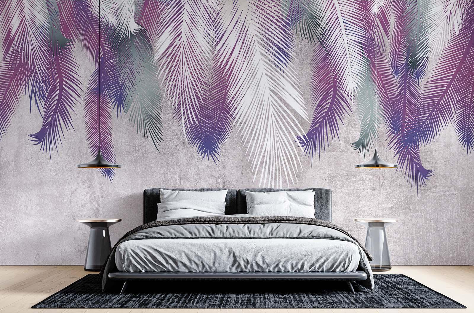 Tropical Palm Wallpaper in purple tones bringing fresh style to a bright bedroom with white bedding
