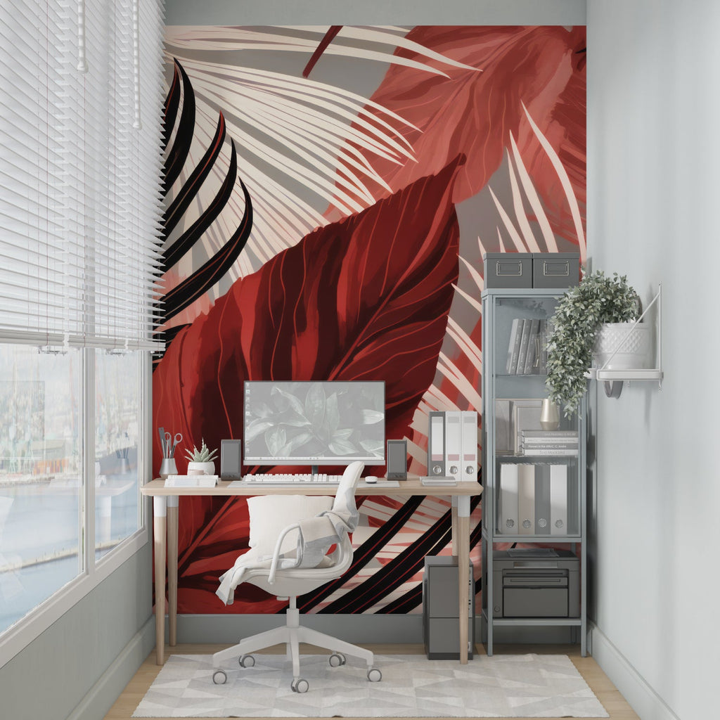 Close-up of red and black tropical wallpaper texture in hallway