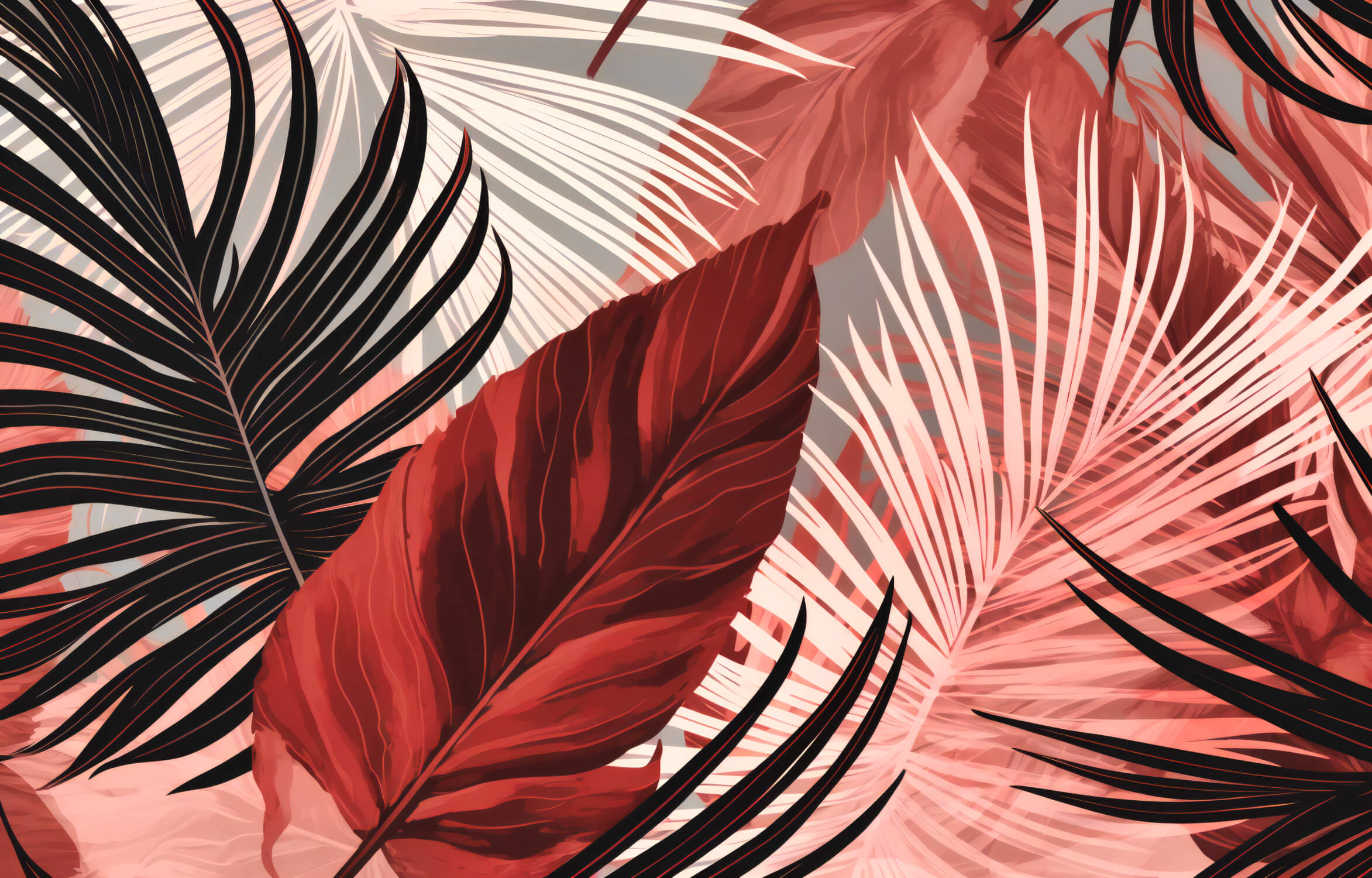 Design file of red and black palm leaves pattern on grey background