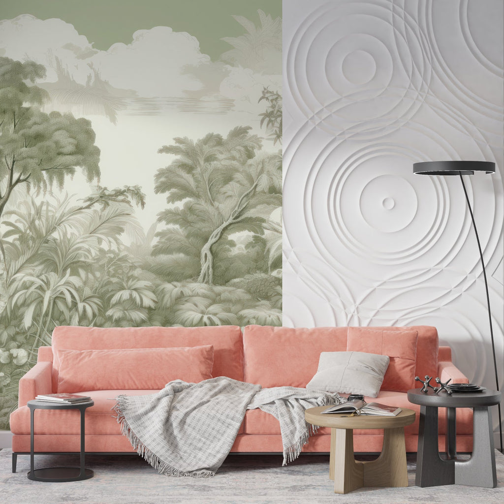 Tropical landscape wallpaper in sage green creating a calm atmosphere in a modern living room